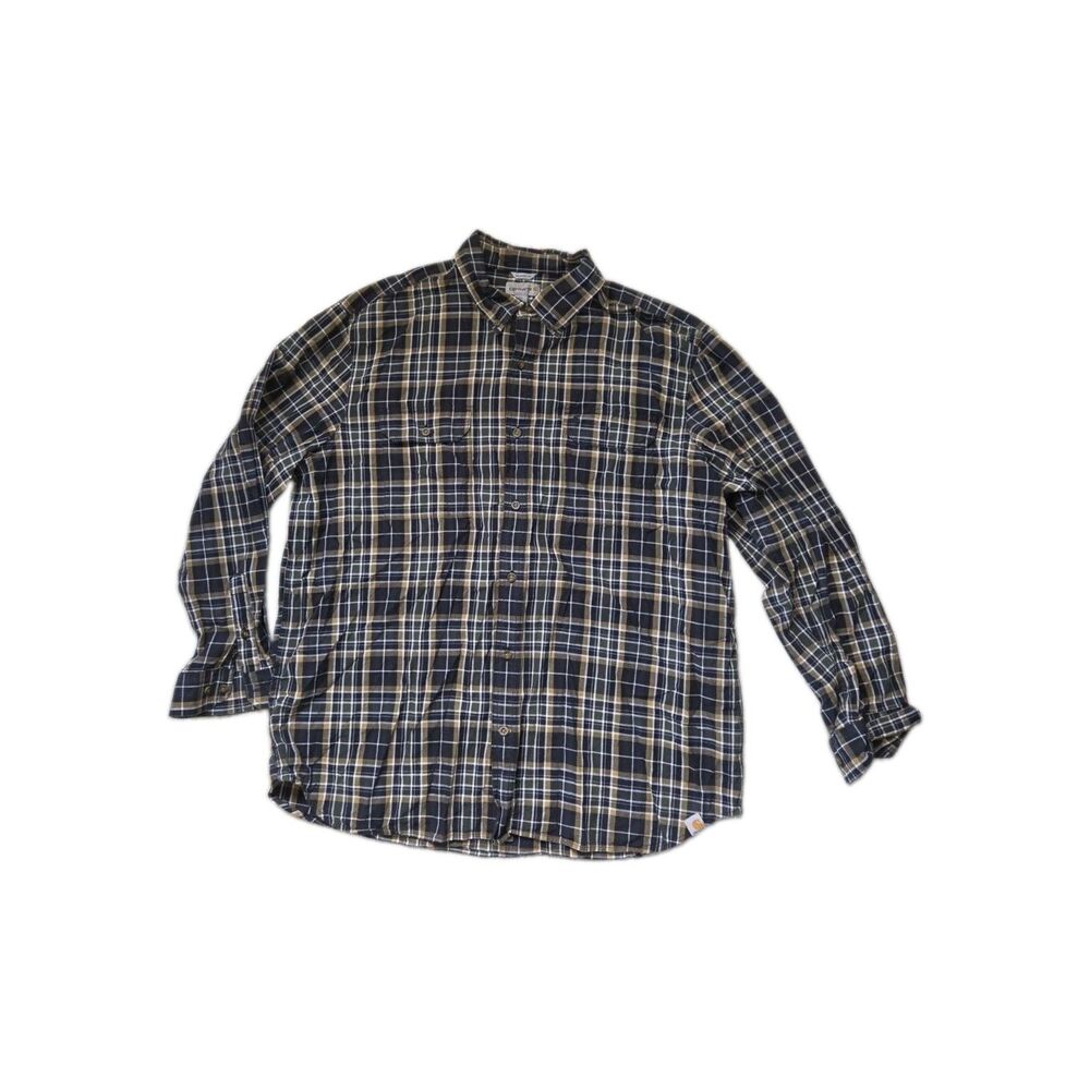Carhartt Men's 2XL Relaxed Fit Plaid Flannel Button Down Shirt Blue Tan Cotton